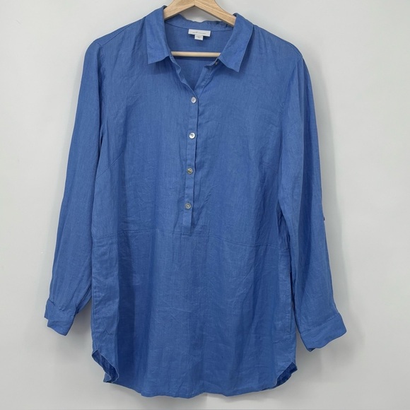 J. Jill Love Linen Casual Blue Button Down tunic top pockets Sz Med coastal - Picture 1 of 10